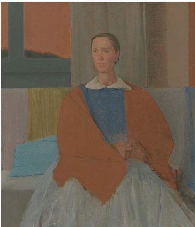 A seated woman in a shawl with a window behind, hands folded. A seated woman in a shawl with a window behind, hands folded.