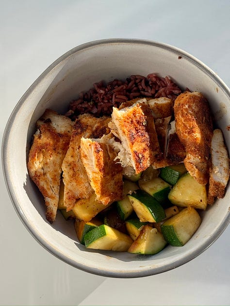 Apple cinnamon baked oatmeal casserole, High protein almond butter magic shell overnight oats, Date balsamic salmon & greens bowls, Firecracker beef bowls, Blackened chicken red rice bowls, GF sun gold tomato pistachio pasta