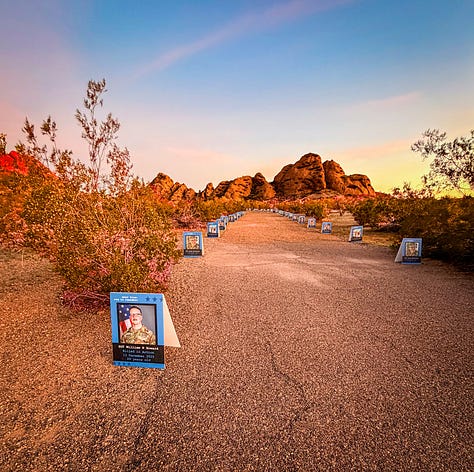 Two women, mothers of fallen soldiers, stand side-by side, holding American flags that represent their fallen sons. An image gallery from that morning shows pictures of fallen soldiers, runners along the Papago Park trail and a beautiful desert morning.