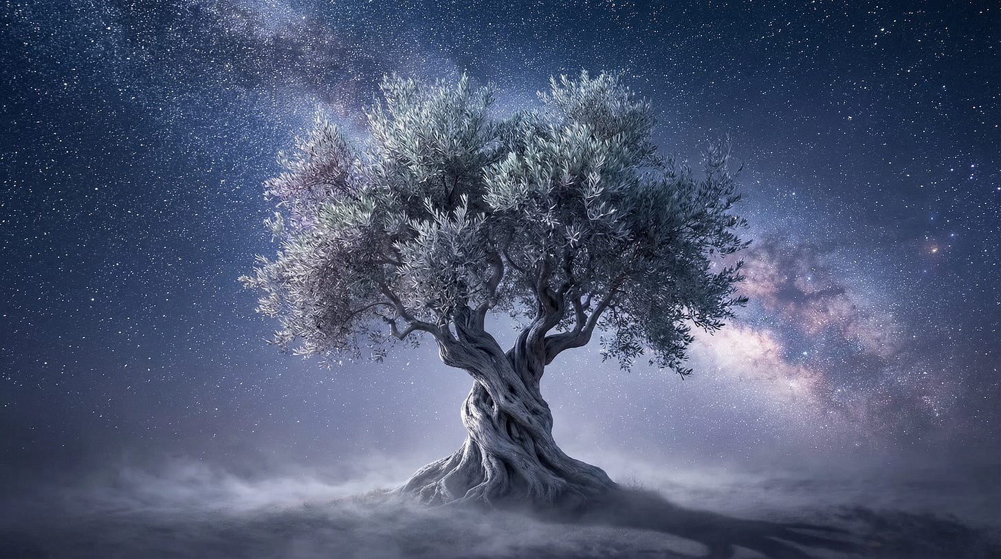 Ancient gnarled olive tree under the Milky Way, its branches reaching toward the stars in a mystical mist.