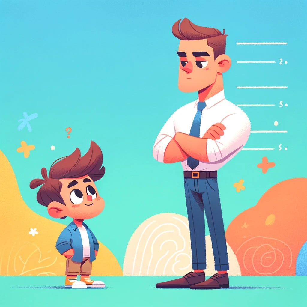 Two cartoon characters standing side by side, looking at each other and comparing their similarities and differences. One character is taller and has a confident posture, while the other is shorter and appears thoughtful. The background is colorful and playful, with simple shapes and bright colors, creating a fun and lighthearted atmosphere. The characters have exaggerated features typical of cartoons, emphasizing their different heights and expressions. Two cartoon characters standing side by side, looking at each other and comparing their similarities and differences. One character is taller and has a confident posture, while the other is shorter and appears thoughtful. The background is colorful and playful, with simple shapes and bright colors, creating a fun and lighthearted atmosphere. The characters have exaggerated features typical of cartoons, emphasizing their different heights and expressions.