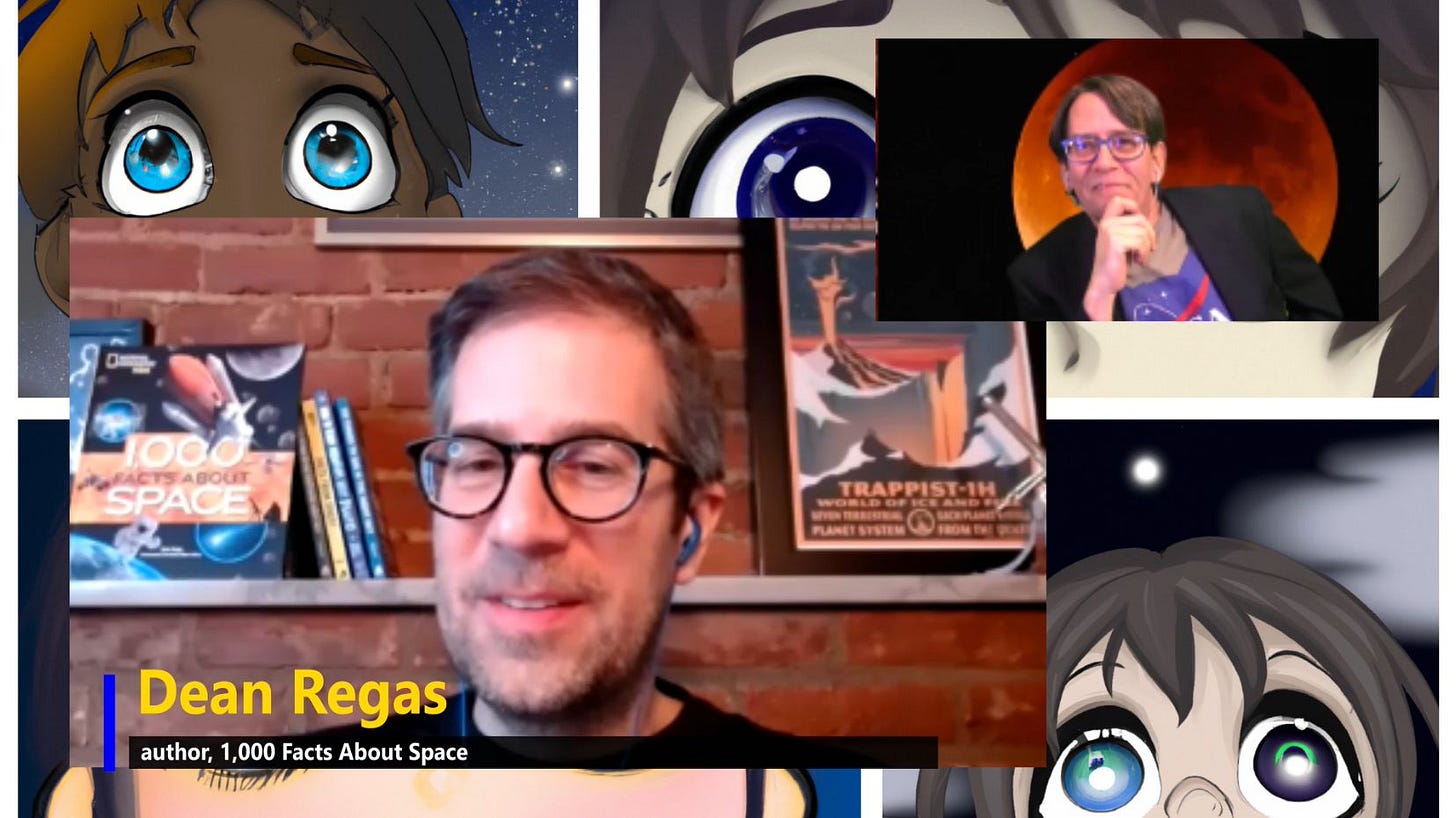 Dean Regas and James Maynard talk via video against a backdrop of computer-generated avatars of children.