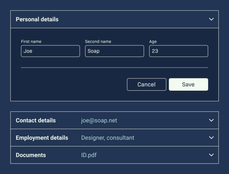A UI showing the editing of a record in-line using the accordion expansion. A UI showing the editing of a record in-line using the accordion expansion.
