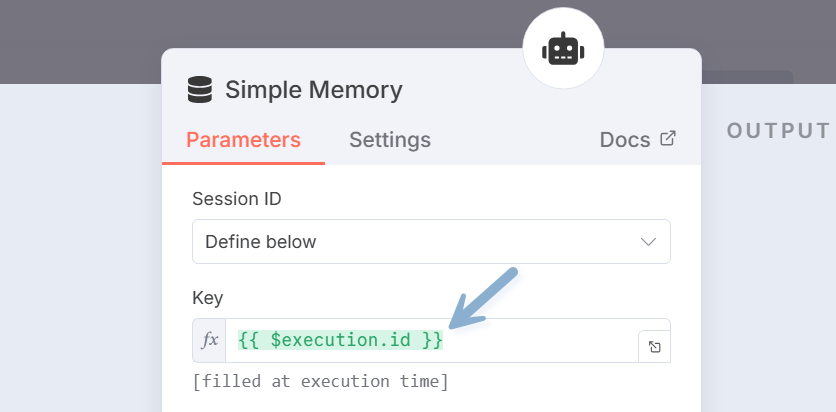 n8n SimpleMemory node - $execution.id