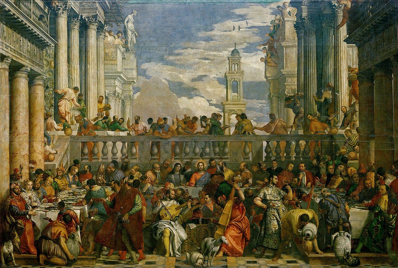 Large banquet scene with dozens of figures in golden clothing at a wedding feast Large banquet scene with dozens of figures in golden clothing at a wedding feast