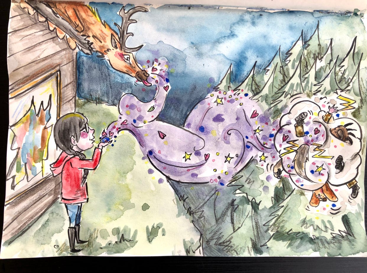 illustarion girk blows magic potion across the valley