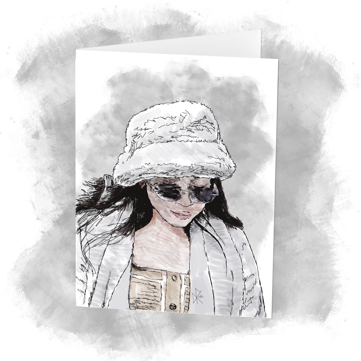 Close-up of a woman wearing sunglasses and dressed warmly in a fuzzy white hat and matching coat, over a light-tan shirt. Sketch art by Don Rice.