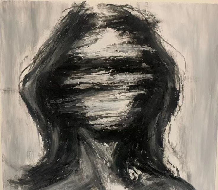 This may contain: a black and white drawing of a woman's face with her hair blowing in the wind