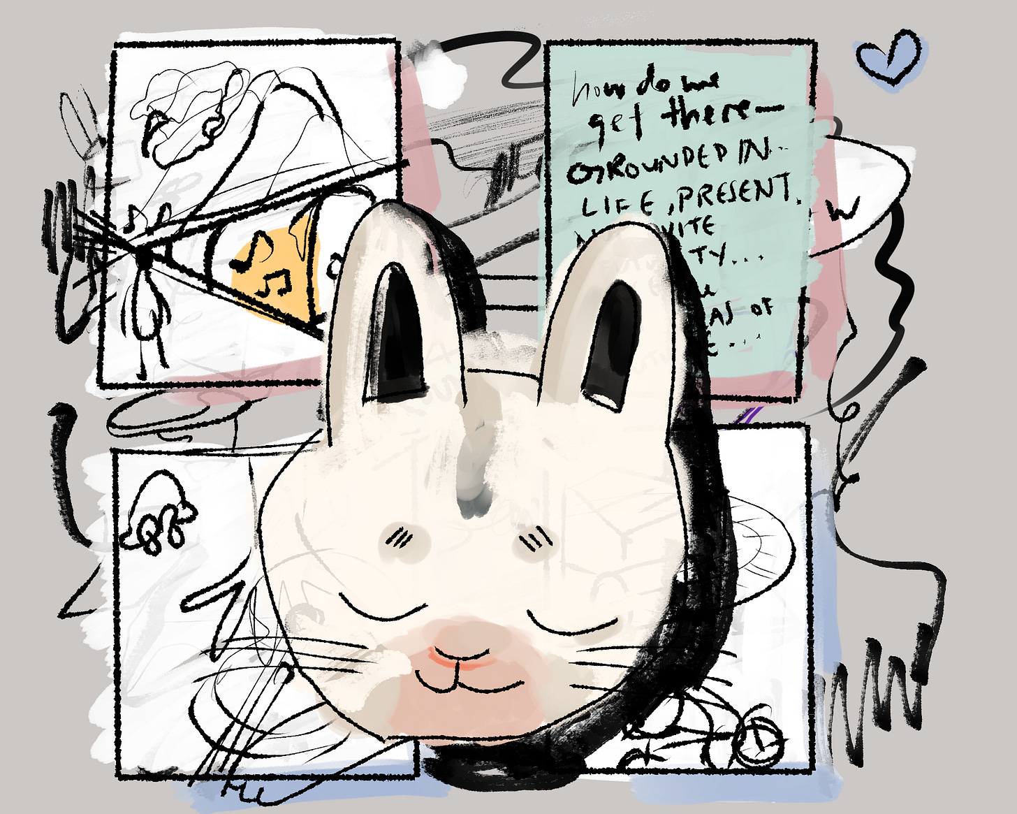 a cartoon cat face sleeping over some sketches of cover designs a cartoon cat face sleeping over some sketches of cover designs