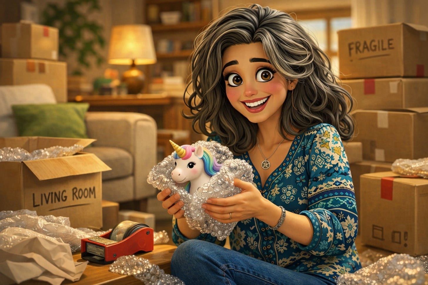 Pixar-style illustration of a smiling woman with long dark hair streaked with silver, sitting in a cozy living room surrounded by moving boxes and packing supplies while carefully wrapping a pastel unicorn figurine in bubble wrap.