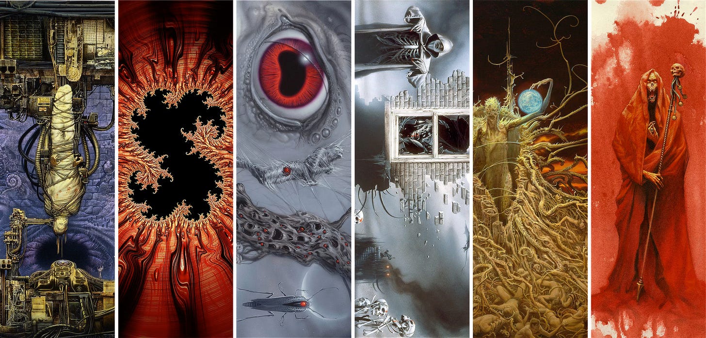 6 tall, thin horror images featuring a body wrapped and bound dangling, the letter S formed by the edge of fractals over a bleeding vinyl record, a red eye with bean shaped pupil, a skeletal figure pulling back its robe to reveal ribs underneath, a demonic figure surrounding by writhing masses holding out an arm to frame a spherical representation of the planet, and a ghastly figure in red with a skull topped staff. 6 tall, thin horror images featuring a body wrapped and bound dangling, the letter S formed by the edge of fractals over a bleeding vinyl record, a red eye with bean shaped pupil, a skeletal figure pulling back its robe to reveal ribs underneath, a demonic figure surrounding by writhing masses holding out an arm to frame a spherical representation of the planet, and a ghastly figure in red with a skull topped staff.