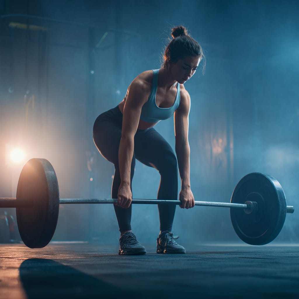 Fit strong female athlete performing romanian deadlifts in the gym wearing blue gym shirt and black leggings.
