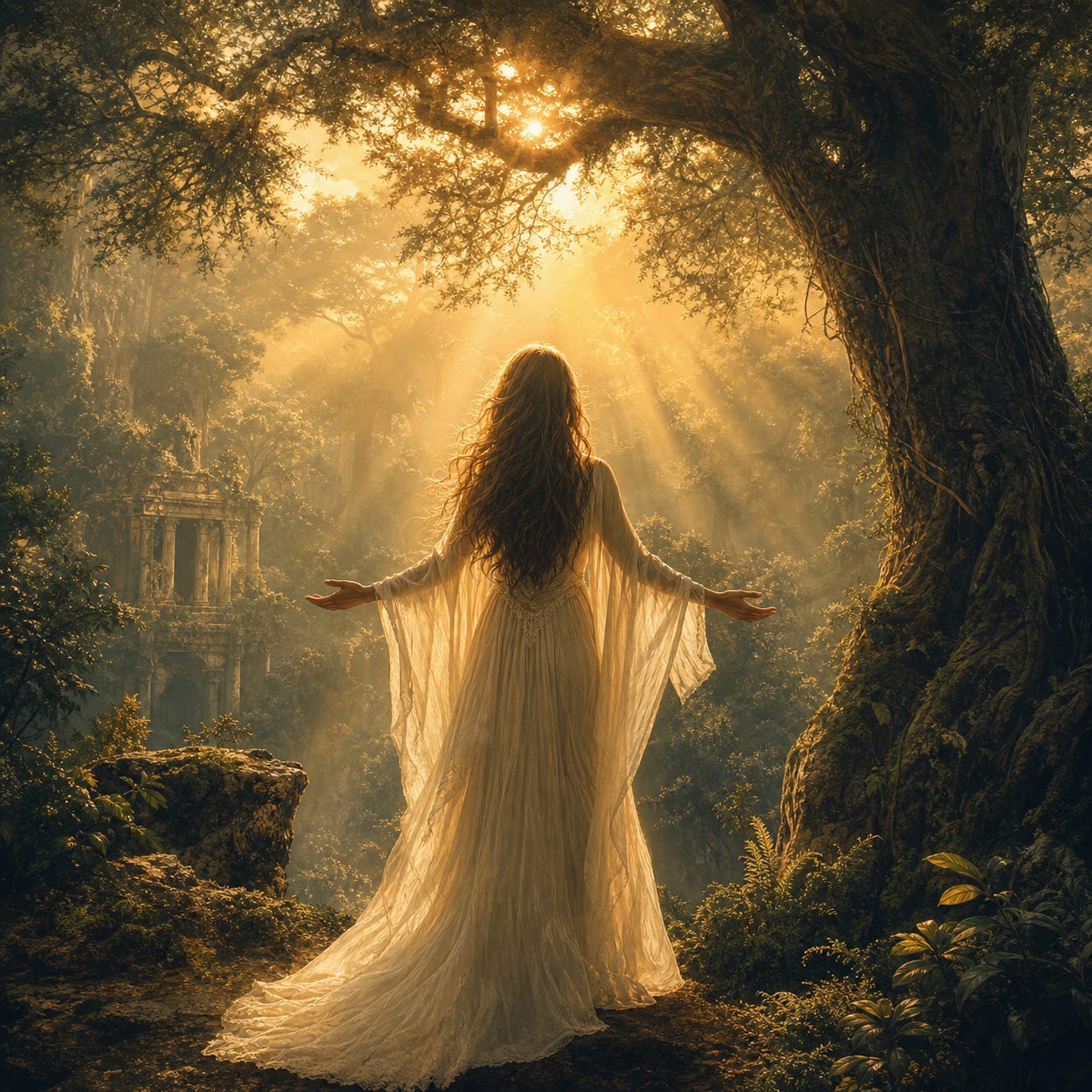 Woman standing in forest cathedral light — divine feminine awakening