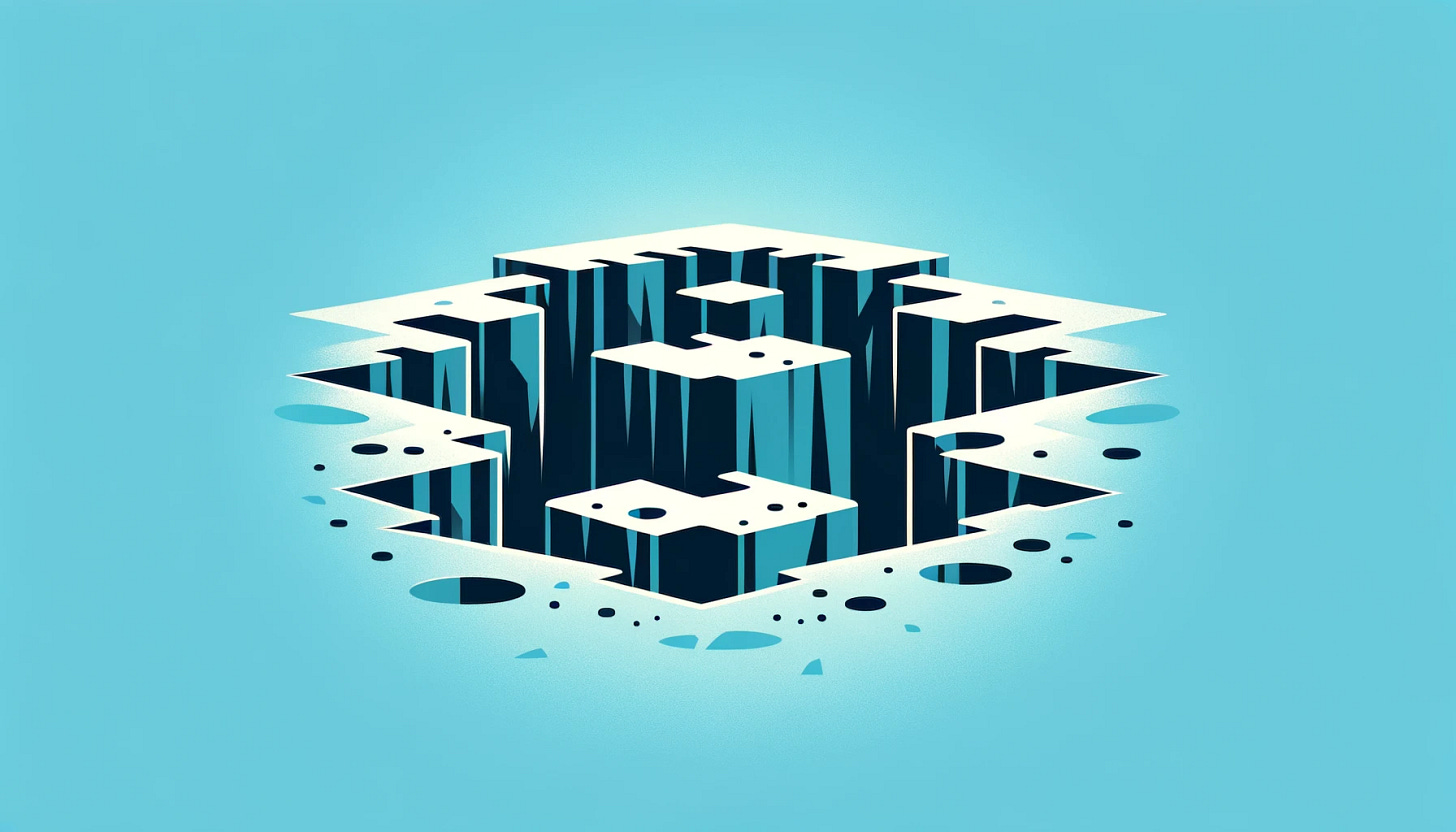 Create a flat design image featuring a large, prominent icon that represents the concept of 'pitfalls' without using any words or signs. The icon should be a stylized representation of a hole in the ground, symbolizing danger or a pitfall, designed in a very simplistic manner. Use a flat design style with no depth or shadows. The color palette should only include sky blue (#06b6d4), pale cyan (#ecfeff), and dark navy blue (#0f172a). The design should be clean, without gradients, textures, words, letters, numbers, or additional details. The resolution is perfect for 1920x1080.