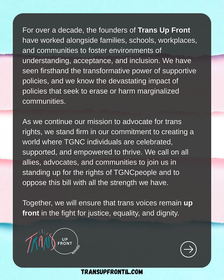 Graphics are all ripped paper trans flag backgrounds with dark grey transparent box and Trans Up Front logo with the text from the post below.