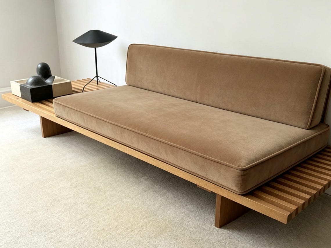 May include: A modern, low-profile sofa with a light brown, velvet-like cushion and backrest. The sofa sits on a wooden slatted base with angled legs. A black lamp and decorative objects are on the side.