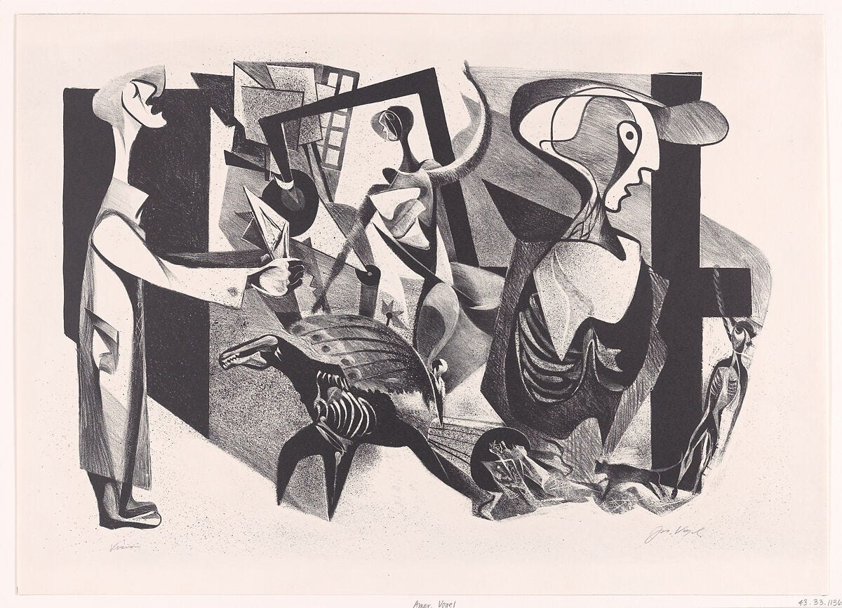 Today's art is a surrealist depiction of chaotic times, which includes images like a horse with exposed rib cage, a man hanging from a noose, alongside a variety of shapes and shadows Today's art is a surrealist depiction of chaotic times, which includes images like a horse with exposed rib cage, a man hanging from a noose, alongside a variety of shapes and shadows