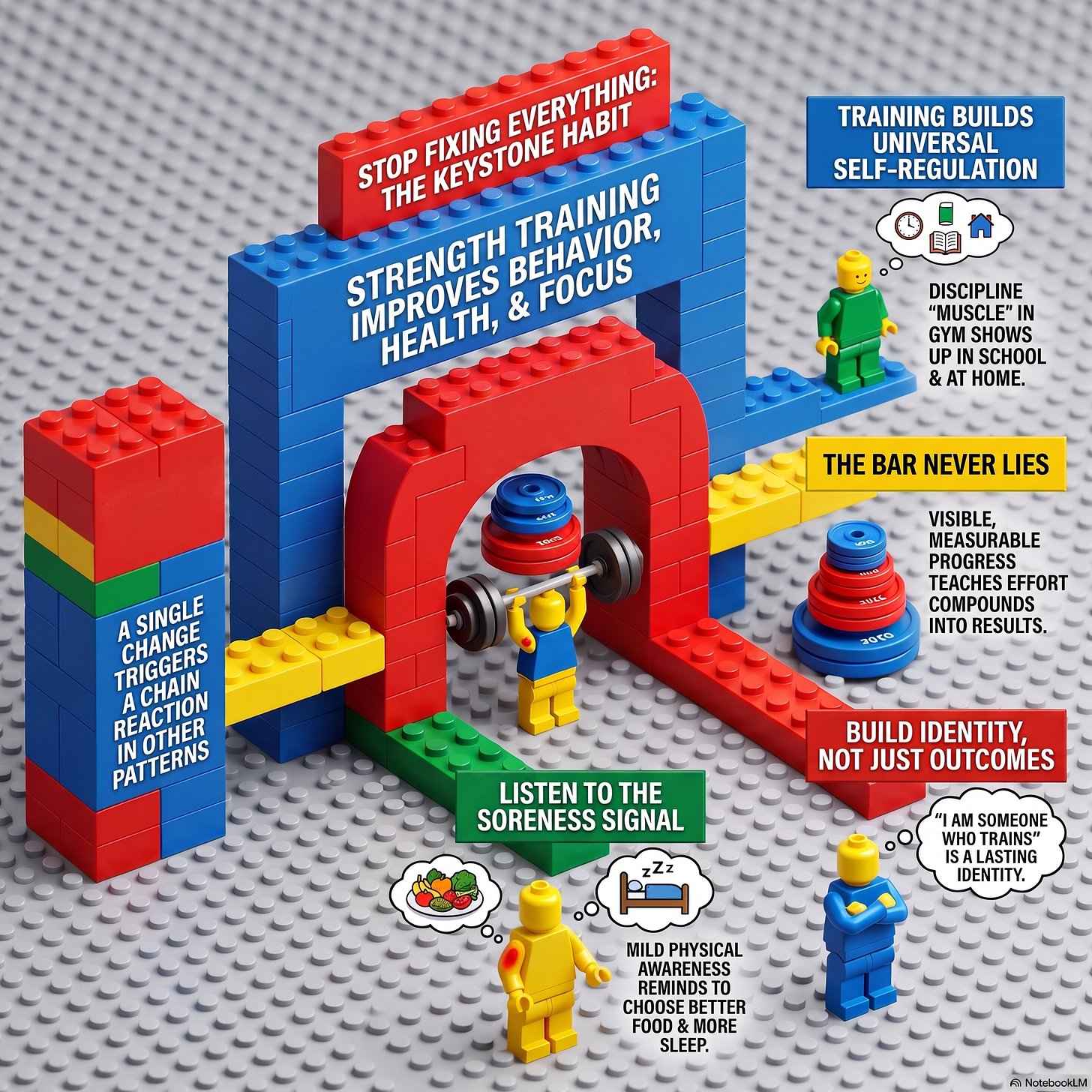 Colorful LEGO-style infographic titled "Stop Fixing Everything: The Keystone Habit" showing how youth strength training triggers a chain reaction — the bar never lies, soreness signals better food and sleep choices, training builds self-regulation, and "I am someone who trains" becomes a lasting identity. From Mighty Oak Athletic, Westmont, IL.