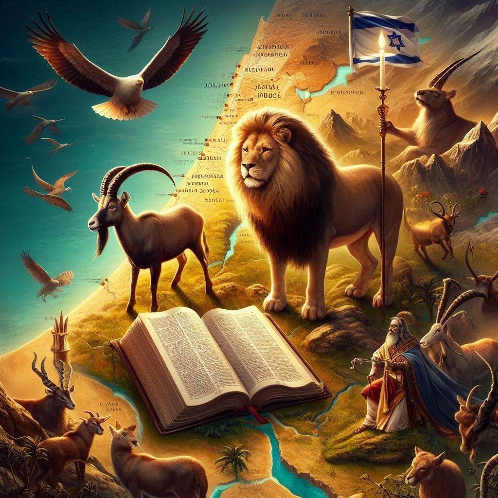 A map of Israel with a Bible and a lion and an ibex standing on it