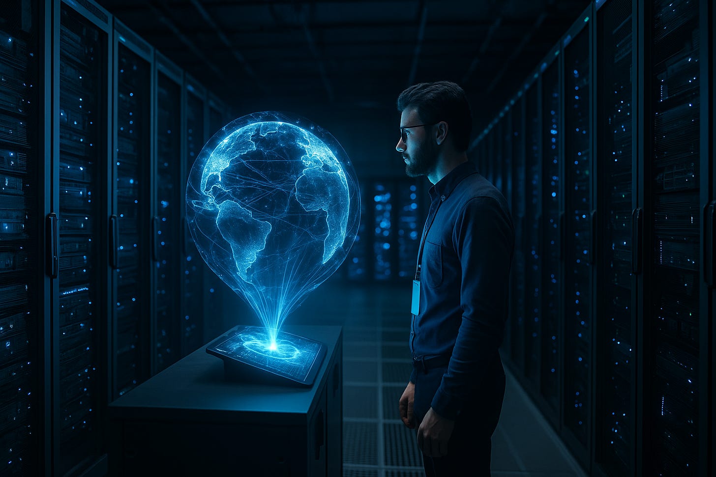 Tehnician într-un centru de date futurist, privind un glob holografic al fluxurilor de date generate de AI, între rânduri nesfârșite de servere iluminate în albastru.