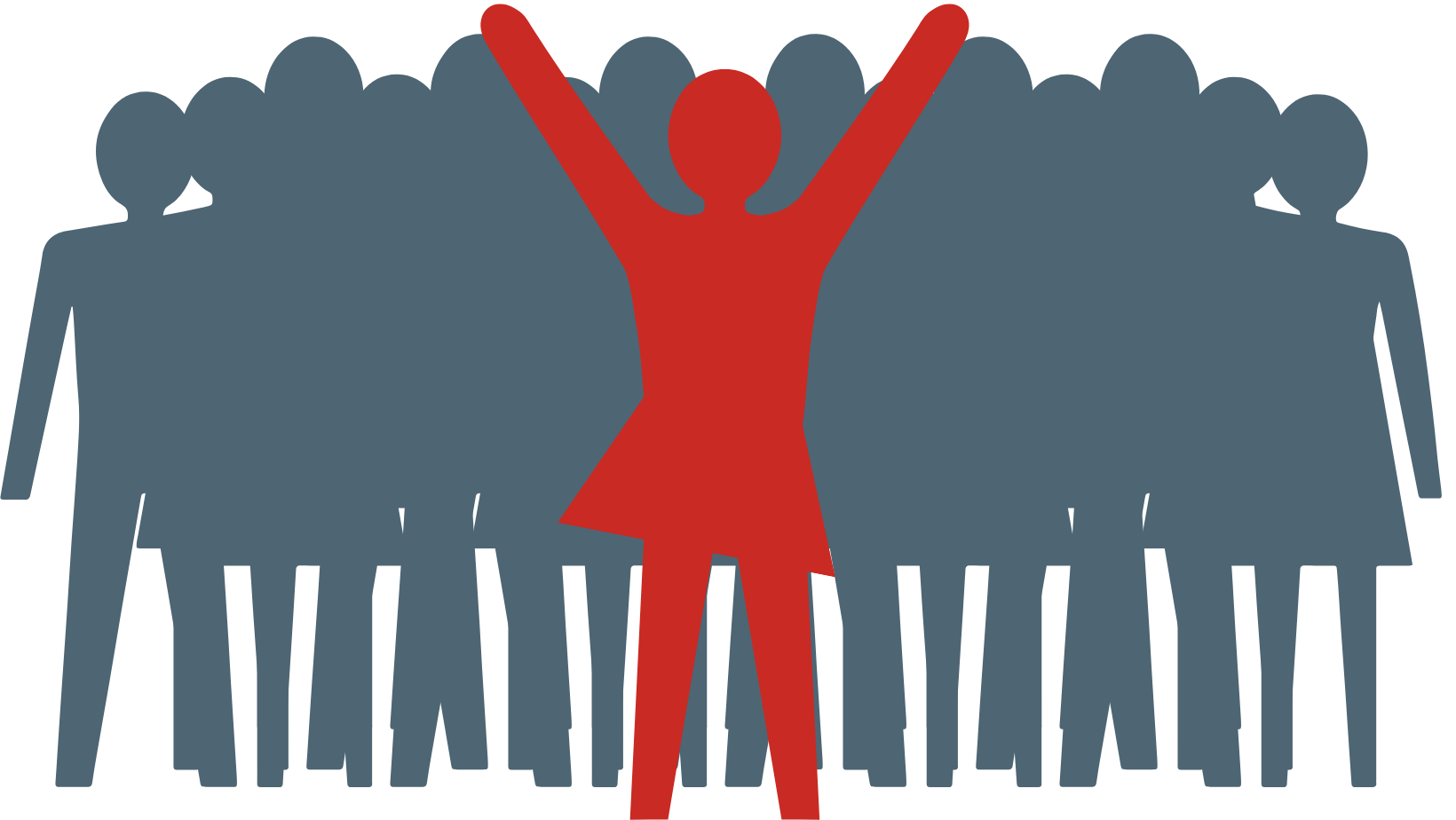 Red silhouette of woman in front of grey crowd siloheuette