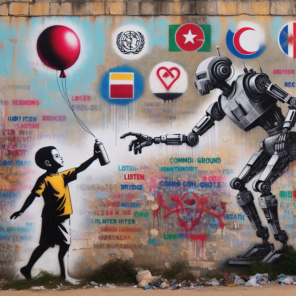 A Banksy mural: A child, eyes wide with hope, extends a hand offering a spray can to a robotic arm. The arm, tagged with a UN logo, hesitates. Behind them, a crumbling wall is stenciled with flags of the US, EU, and China, each partially obscured by dripping paint. Overlapping the flags are faint, hopeful words: “Listen,” “Bridge,” “Common Ground,” barely visible. A single, red heart balloon floats above the child, tethered to the robot, symbolizing a fragile future. The overall tone is cautiously optimistic, questioning AI’s role in global unity.