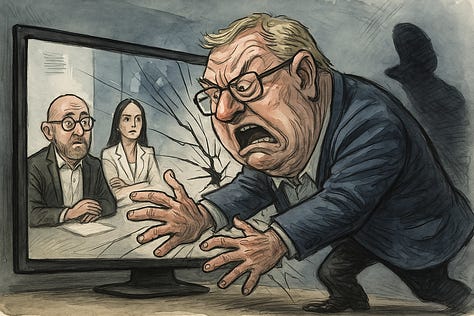 Kjo galeri shpalos në tre goditje të njëpasnjëshme anatomine e arratisjes së Hisen Berishës nga e vërteta, duke e kthyer momentin live në MCN TV në një teatër vizual ku paniku merr formë fizike; në pamjen e parë ai shtyp ekranin si të ishte fajtor i argumenteve të veta të thyera, në të dytën koka i çahet dhe nxjerr hijen e frikës së vjetër politike që i endej pas shpine, ndërsa në të tretën del prej ekranit sepse nuk gjente dot dalje nga debati, duke e bërë qartë se kur faktet nuk i përballon dot, bëhesh karikaturë e vetvetes; të tria së bashku qeshin, thërrmojnë dhe shpjegojnë pa mëshirë mekanizmin e një politike që shpërthen sapo të përballet me të vërtetën.