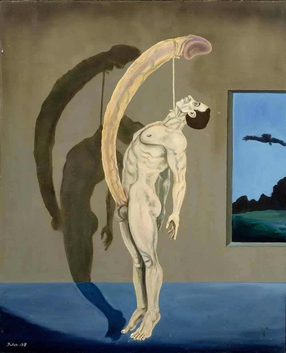Esta pintura, Deliverance de Kalervo Palsa (1978), é uma composição surreal e impactante. Apresenta uma figura central com um rosto distorcido, quase grotesco, pintado com pinceladas expressivas e ousadas. O fundo é escuro e caótico, com formas abstratas e espirais que criam uma sensação de turbulência. Os olhos arregalados e a boca aberta da figura transmitem uma emoção intensa, talvez medo ou angústia. A paleta de cores é sóbria, dominada por tons terrosos, com toques de vermelho e branco para contrastar. O clima geral é inquietante, evocando tensão psicológica e vulnerabilidade humana.