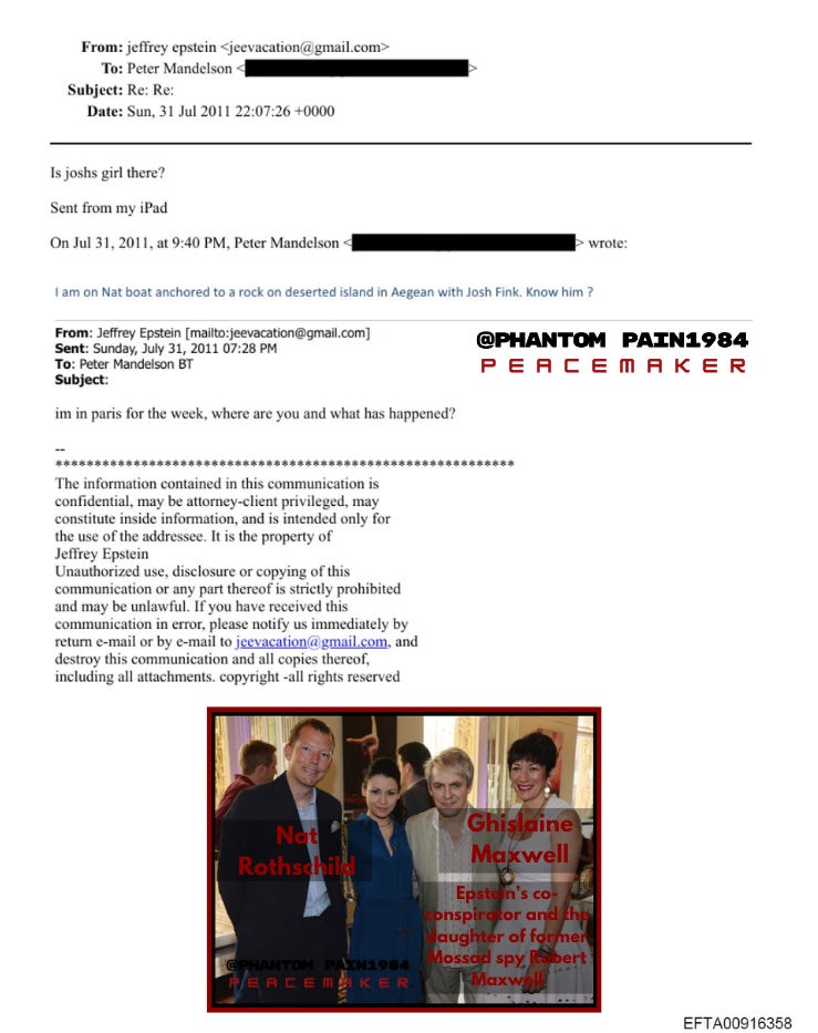 This 2011 Epstein file shows Peter Mandelson writing from “Nat boat” near a deserted Aegean island with “Josh Fink” — identified here as Josh Kushner, Jared Kushner’s brother. This 2011 Epstein file shows Peter Mandelson writing from “Nat boat” near a deserted Aegean island with “Josh Fink” — identified here as Josh Kushner, Jared Kushner’s brother.