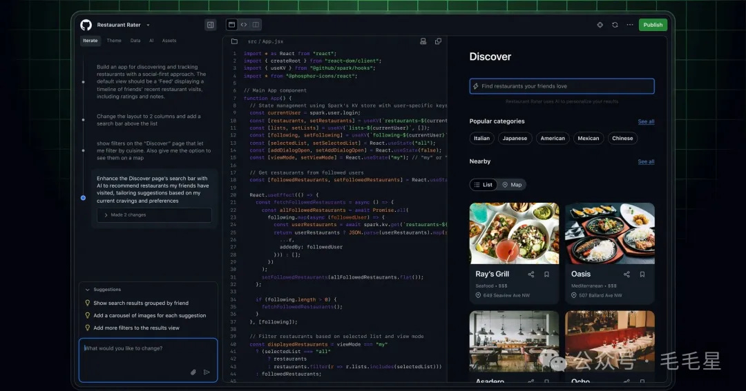 Demo of the GitHub Spark workbench with a restaurant rating app and code exposed