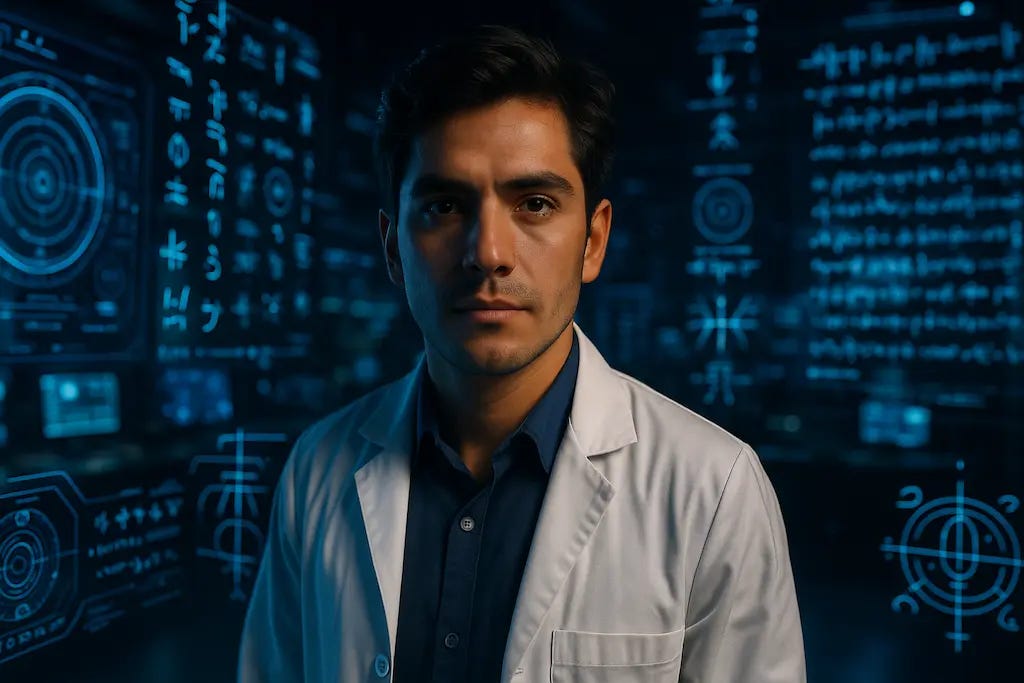 Dr. Neruda (hipotético pois não há descrição dele), cientista latino jovem em laboratório futurista, cercado por projeções holográficas azuis com símbolos alienígenas e códigos digitais em um ambiente escuro e tecnológico.