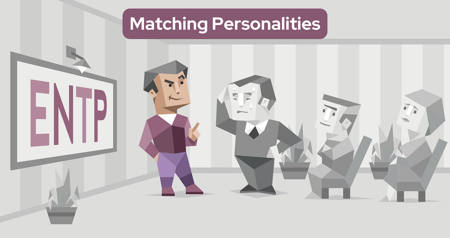 An ENTP man wearing a purple jacket and pants stands in a room with a finger raised, exuding confidence. He is engaging another man in a debate, and that person is sweating and appears nervous. To their right, two monochrome people sit attentively in chairs, watching. Behind the ENTP man, the bold letters “ENTP” are prominently displayed on a large screen.