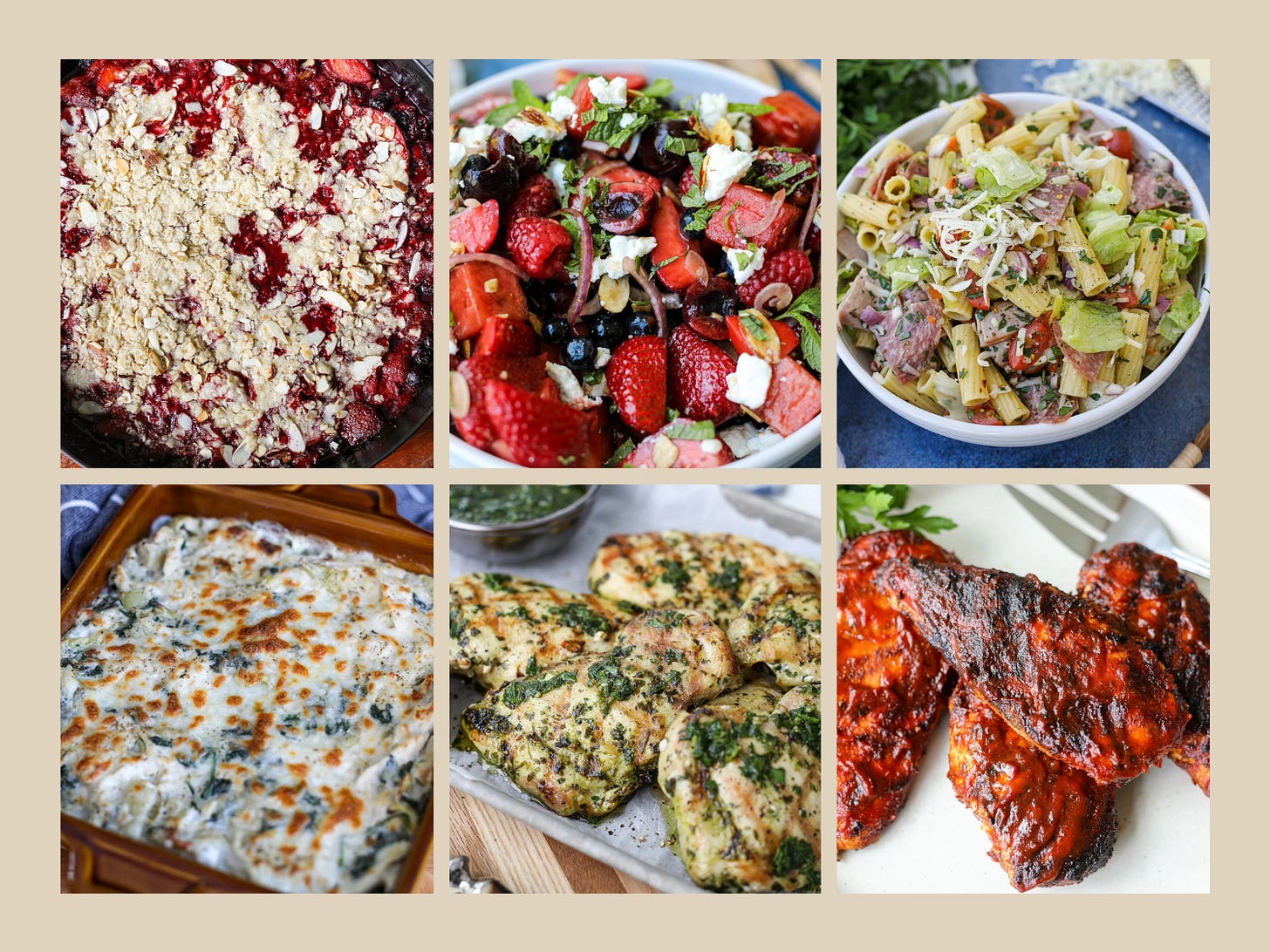 A collage of six summer recipes featuring a mixed berry crisp, watermelon berry feta salad, Italian grinder pasta salad, creamy spinach artichoke dip, grilled chimichurri chicken, and barbecue chicken perfect for a 4th of July cookout or summer gathering.