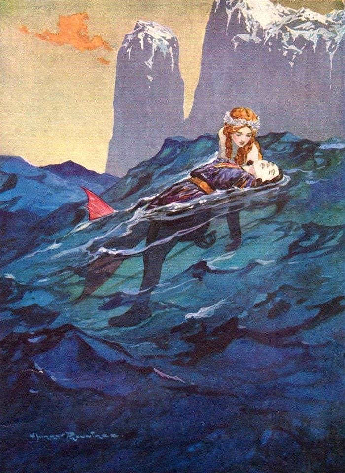 This may contain: an image of a woman floating on top of the ocean with mountains in the background