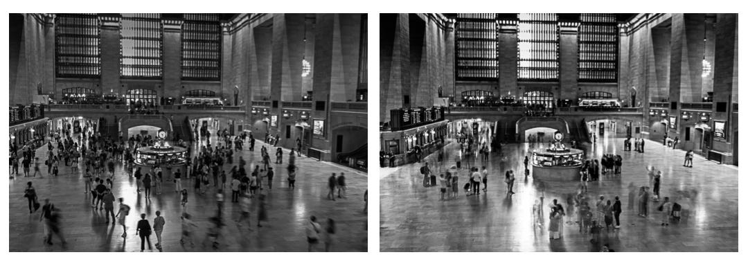 Side-by-side black and white photos of Grand Central, one grainy fast exposure and one long exposure with blurred figures Side-by-side black and white photos of Grand Central, one grainy fast exposure and one long exposure with blurred figures