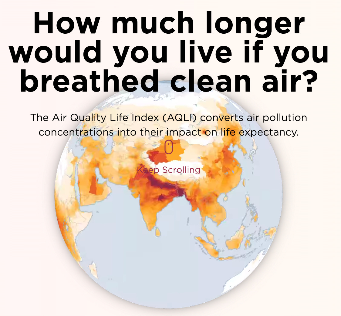 Screenshot of front page of AQLI website with a globe and title "How much longer would you live if you breathed clean air?"