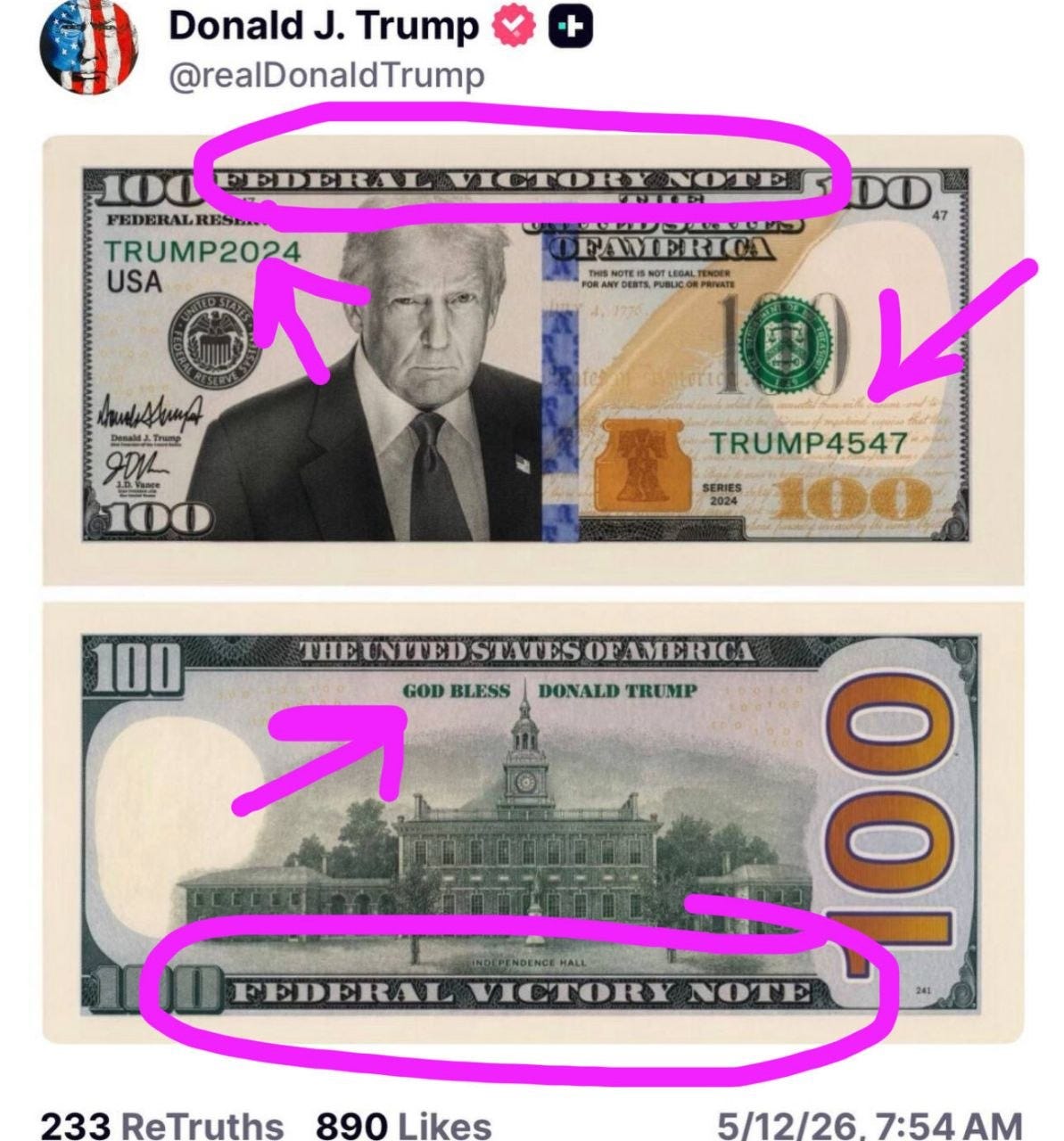Trumps „Federal Victory Note” auf Truth Social, 12.05.2026 Trumps „Federal Victory Note” auf Truth Social, 12.05.2026