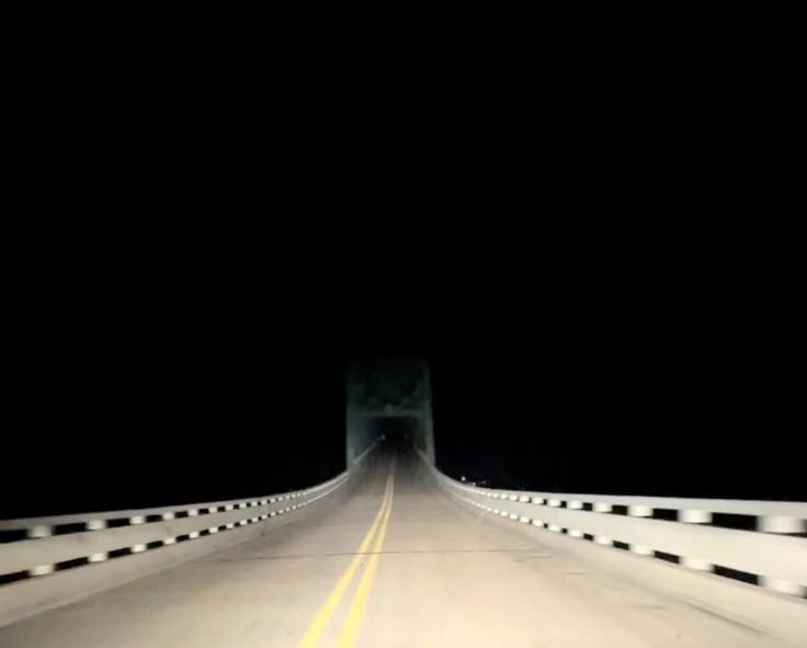 This may contain: a car driving across a bridge at night