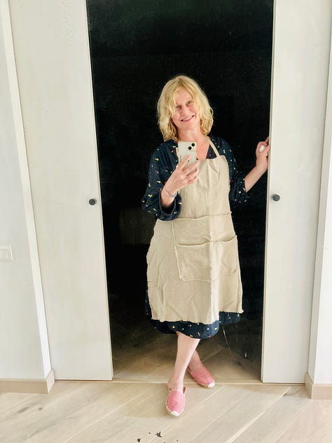 Different scenes from summer in France. A green garden with bench; a river with a table set for lunch in the water; a father and his kids; a classic red and white checked French tablecloth: Karen Bussen at home in her gardening apron; lunch plates from the Moulin de Flagy; and scenes of sunset and flowers in France