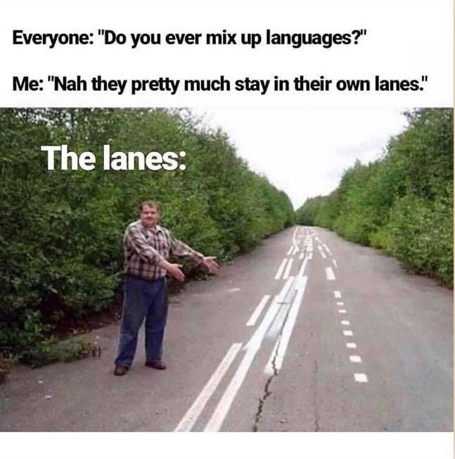 Meme text: Everyone: “Do you ever mix up languages?” Me: “Nah, they pretty much stay in their own lanes.” Meme image: A man gestures toward terribly painted, uneven, intersecting lane markings in the middle of a narrow, tree-lined road. Meme text: Everyone: “Do you ever mix up languages?” Me: “Nah, they pretty much stay in their own lanes.” Meme image: A man gestures toward terribly painted, uneven, intersecting lane markings in the middle of a narrow, tree-lined road.