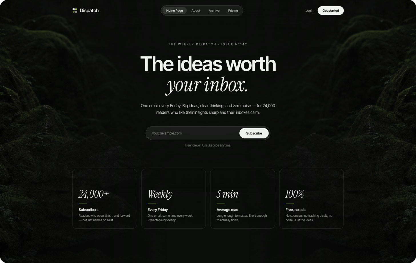 Botanical Luxury Minimalism website hero section built with Kimi 3, featuring a dark cinematic background framed by moss-covered rock formations and shadowy forest textures on both sides of the page. The centered newsletter hero uses large white editorial typography with an elegant italic serif phrase, small uppercase issue metadata, a translucent navigation pill, minimalist login and get-started controls, and a rounded email subscription field. Four dark semi-transparent information cards sit across the lower section, showing subscriber count, weekly publishing cadence, average reading time, and ad-free status, each with thin borders and muted green accent lines. The design combines botanical imagery, luxury minimalism, editorial typography, subtle glassmorphism, cinematic nature photography, symmetrical composition, charcoal and off-white tones, and moss-green accents to create a premium Kimi 3-generated newsletter landing page.