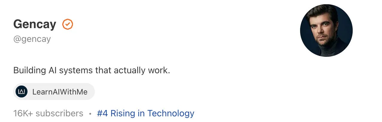 Gencay's LearnAIWithMe Substack profile ranked number 4 rising in Technology Gencay's LearnAIWithMe Substack profile ranked number 4 rising in Technology