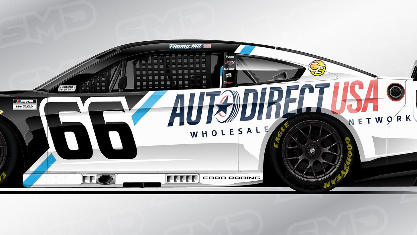Auto Direct USA will be the co-primary sponsor for Timmy Hill and Garage 66 in the NASCAR Cup Series Goodyear 400 at Darlington Auto Direct USA will be the co-primary sponsor for Timmy Hill and Garage 66 in the NASCAR Cup Series Goodyear 400 at Darlington