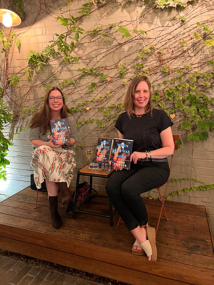Sara Foster and Joanna Morrison are on a small stage, holding up Sara Foster's new thriller, 'When She Was Gone'. In other pictures, Sara is signing copies of her book, a hand is holding up a copy for the camera, and an audience is watching the event.