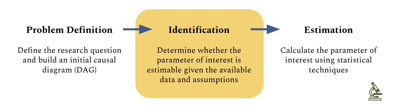 Diagram showing three-step analysis workflow: Problem Definition (define question and build DAG), Identification (check if parameter is estimable), and Estimation (calculate using statistics).