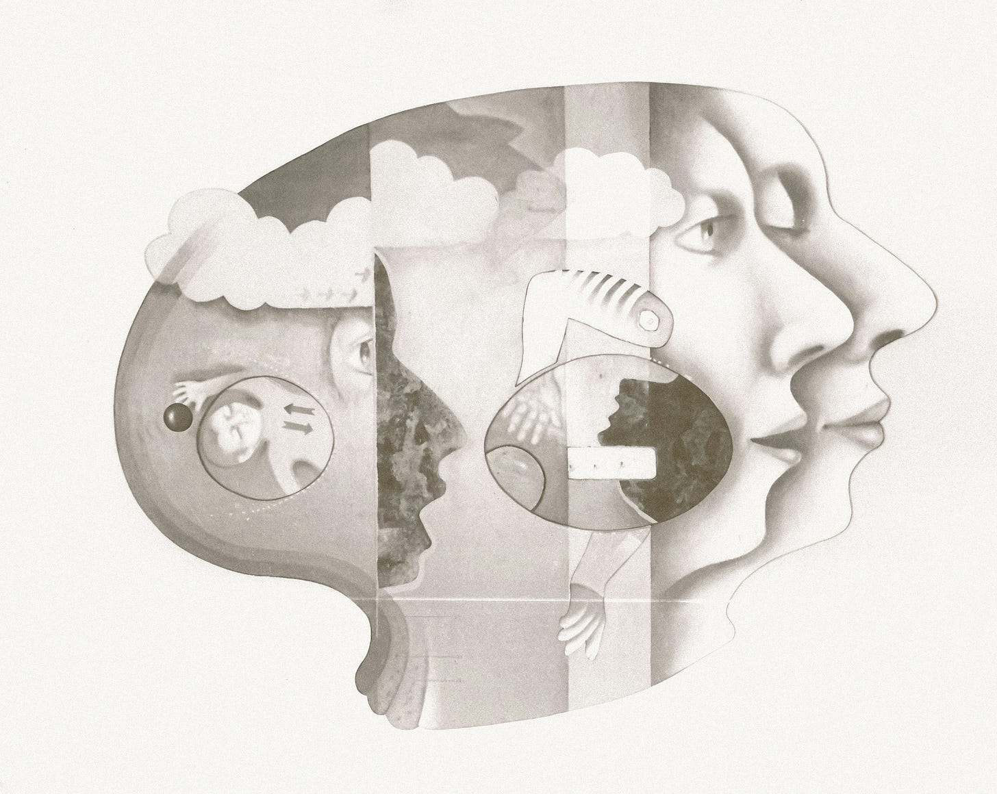 Image of two women heads in parallel facing right with clouds and objects inside the heads.