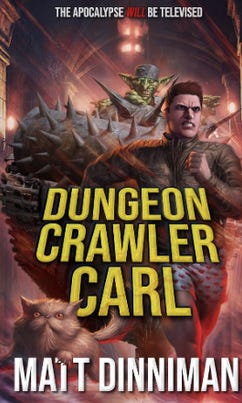 a book cover shows a man in white boxers with red  hearts running away from a goblin with a spiky tank. A Persian cat runs with him.