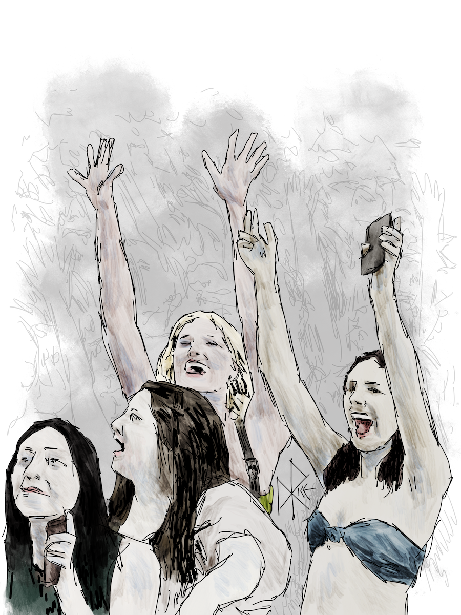 A crowd of happy people at an outdoor music festival scream and cheer. Sketch art by Don Rice. A crowd of happy people at an outdoor music festival scream and cheer. Sketch art by Don Rice.