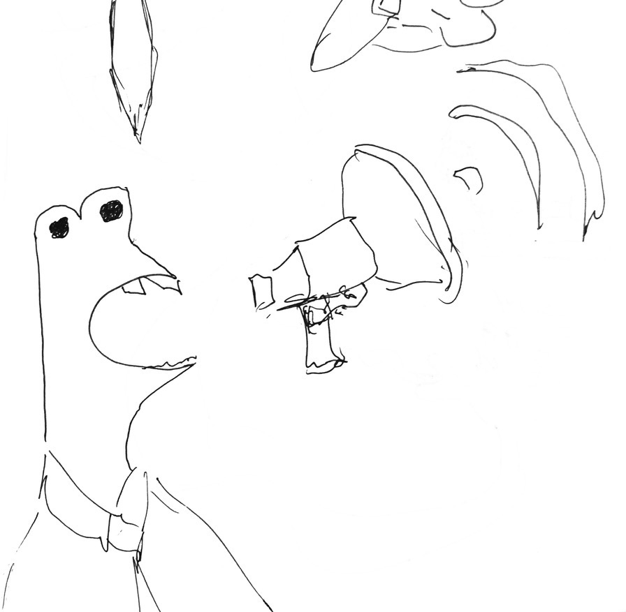 line art drawing of an alien, resembling a frog in some ways, wearing a dress shirt and tie, is posed with mouth agape positioned infront of a mega phone