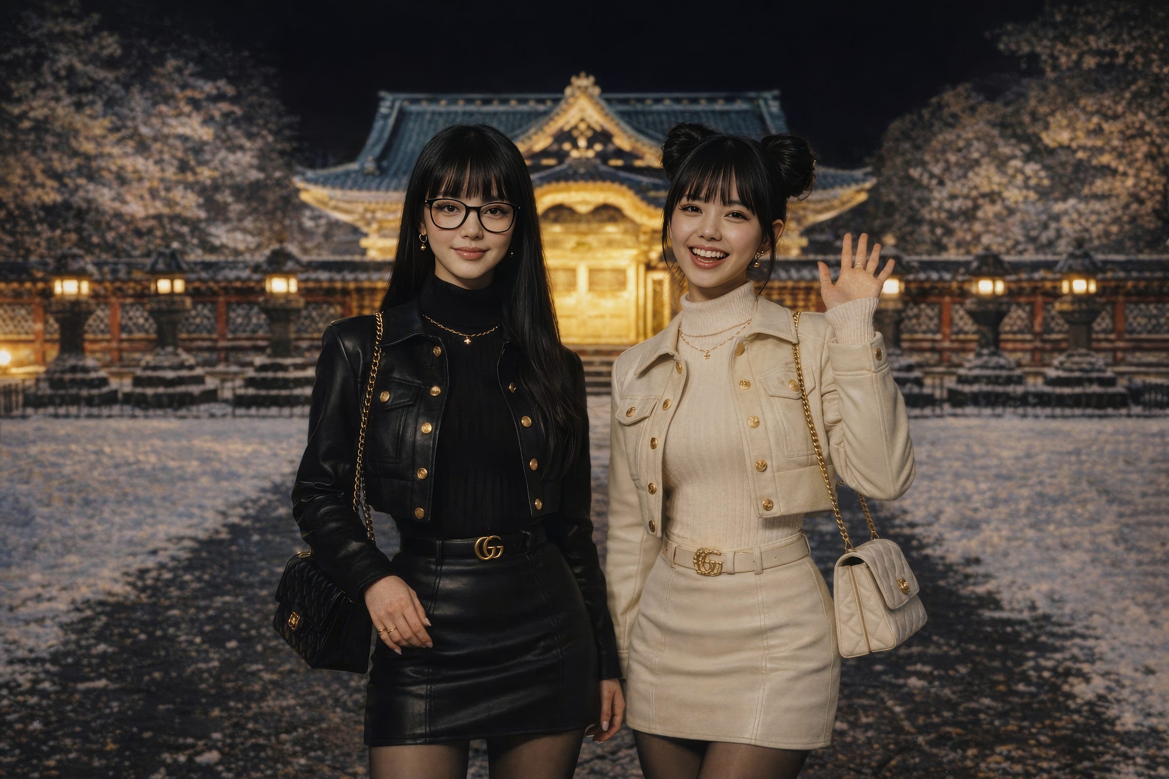 Two women in coordinated outfits standing before the illuminated Toshogu Shrine with cherry blossoms